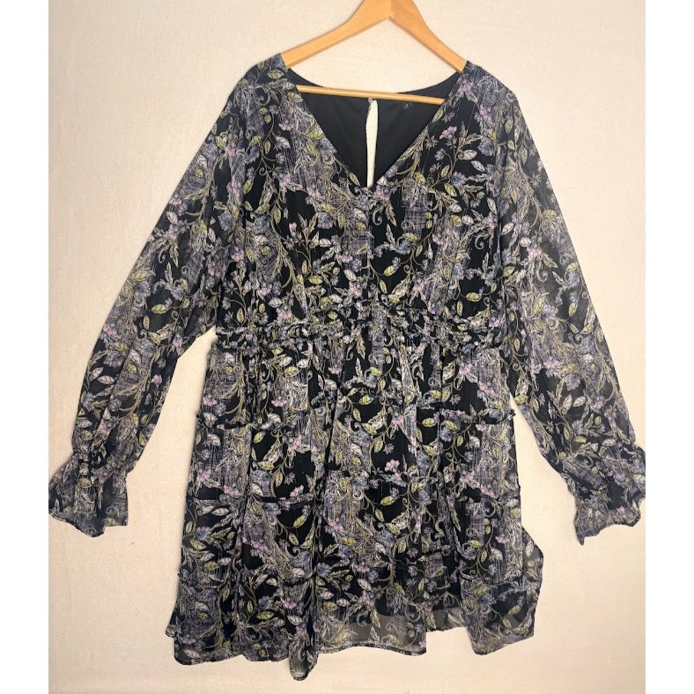 Torrid Chiffon Babydoll Mini Dress Women 3 Black Floral Long Sleeve Pockets